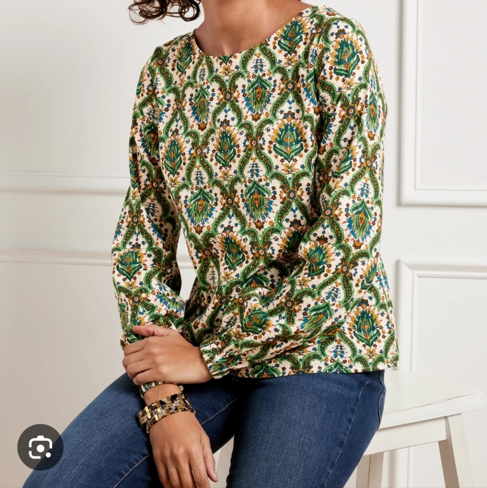 Talbots Green And Metallic Print lightweight sleeve Cottoage Core Cotton Top 2x
